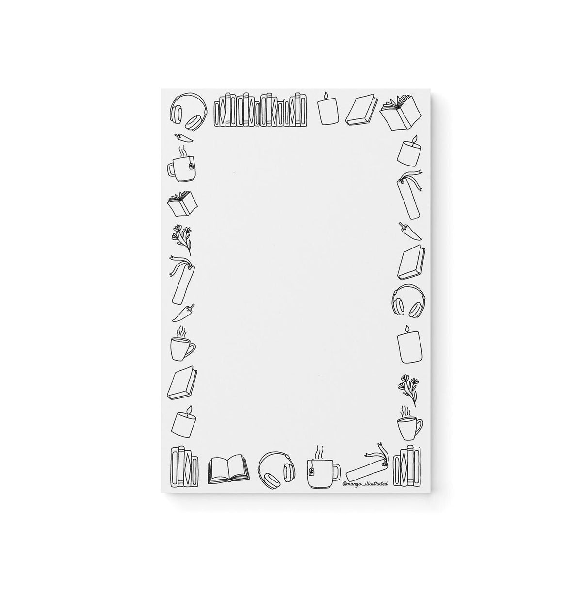 Book doodles color-in notepad flat lay — bookish coloring notepad and reader desk stationery by indie artist MangoIllustrated