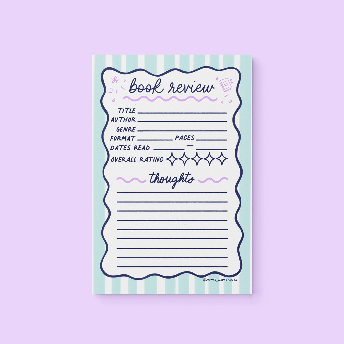 Book Review Notepad flat lay — bookish reading tracker stationery for BookTok readers by indie artist MangoIllustrated