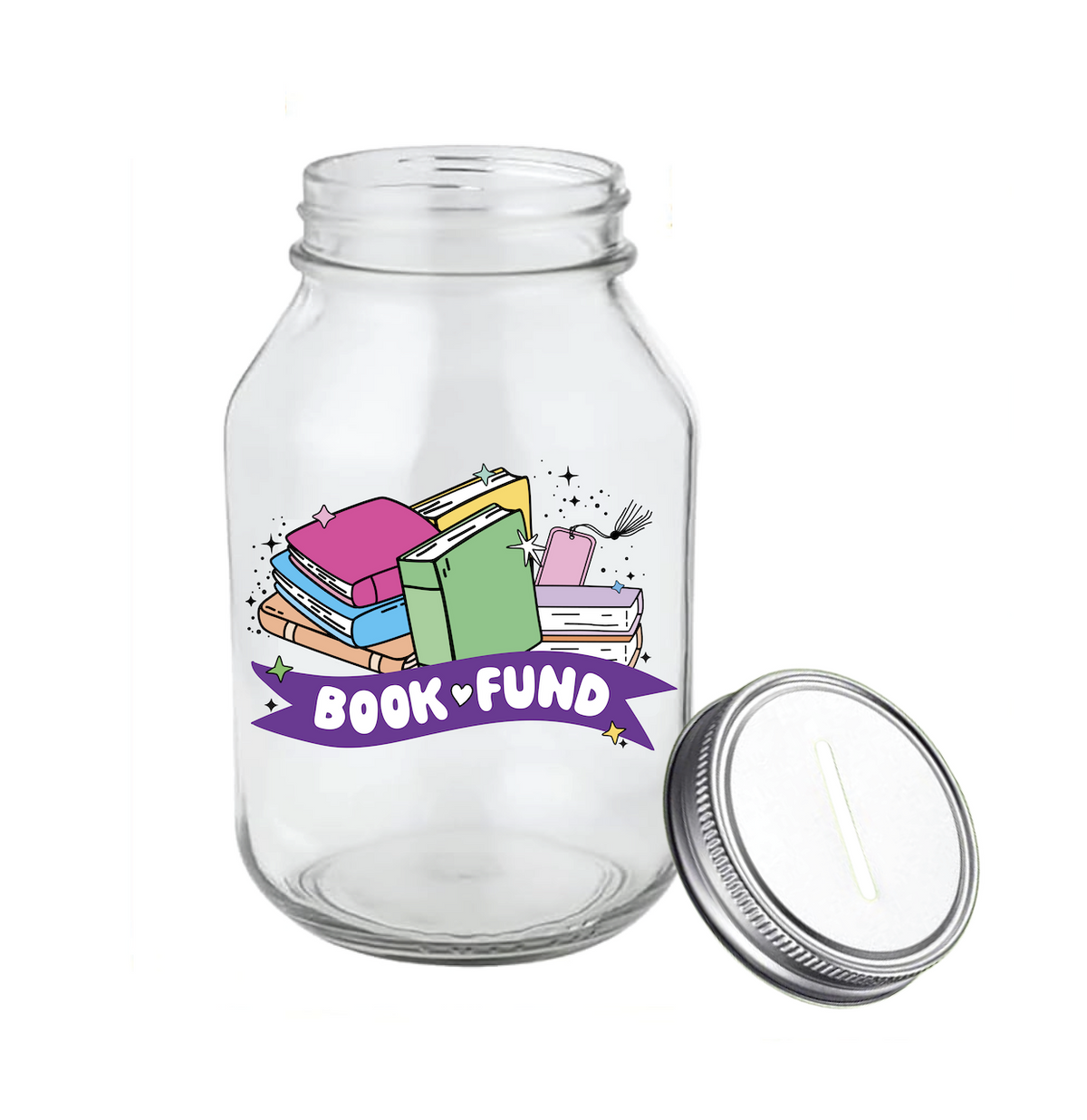 A clear glass jar with a silver metal screw-on lid, shown on a white background. The jar features a colorful graphic of stacked books and a purple banner that reads &