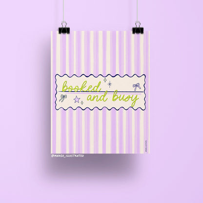 8x10 art print with the phrase "booked and busy" in green script over a pastel pink and lavender striped background with bows and stars