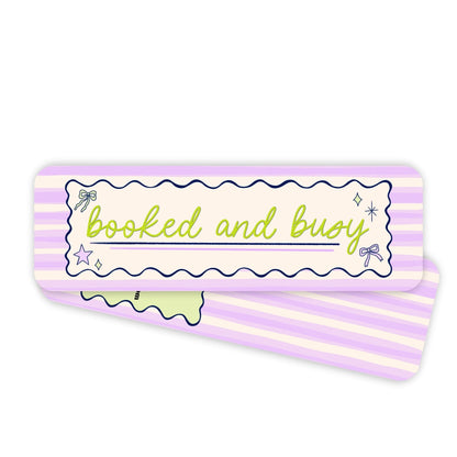 Booked and Busy Bookmark — hand lettered quote on pastel lavender stripes with wavy borders, 2x6 in, by MangoIllustrated