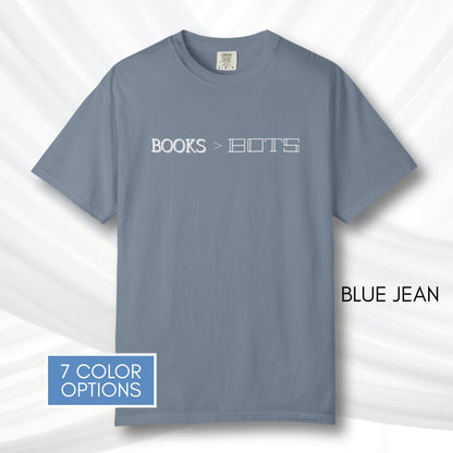 books-over-bots-unisex-graphic-tee-literary-pro-library-anti-ai-data-centers-statement-tshirt-comfort-colors-blue-jean