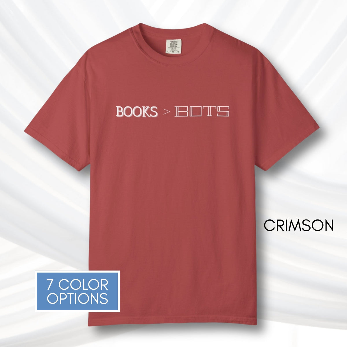 books-over-bots-unisex-graphic-tee-literary-pro-library-anti-ai-data-centers-statement-tshirt-comfort-colors-crimson