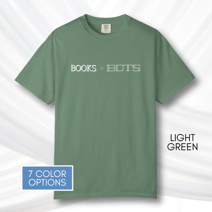 books-over-bots-unisex-graphic-tee-literary-pro-library-anti-ai-data-centers-statement-tshirt-comfort-colors-light-green