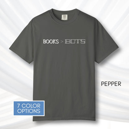 books-over-bots-unisex-graphic-tee-literary-pro-library-anti-ai-data-centers-statement-tshirt-comfort-colors-pepper