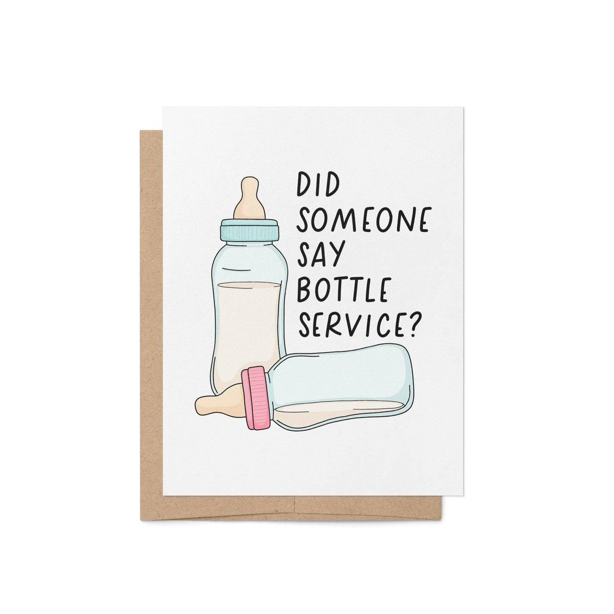 Bottle service new baby card flat lay — funny baby shower congratulations card by indie artist MangoIllustrated