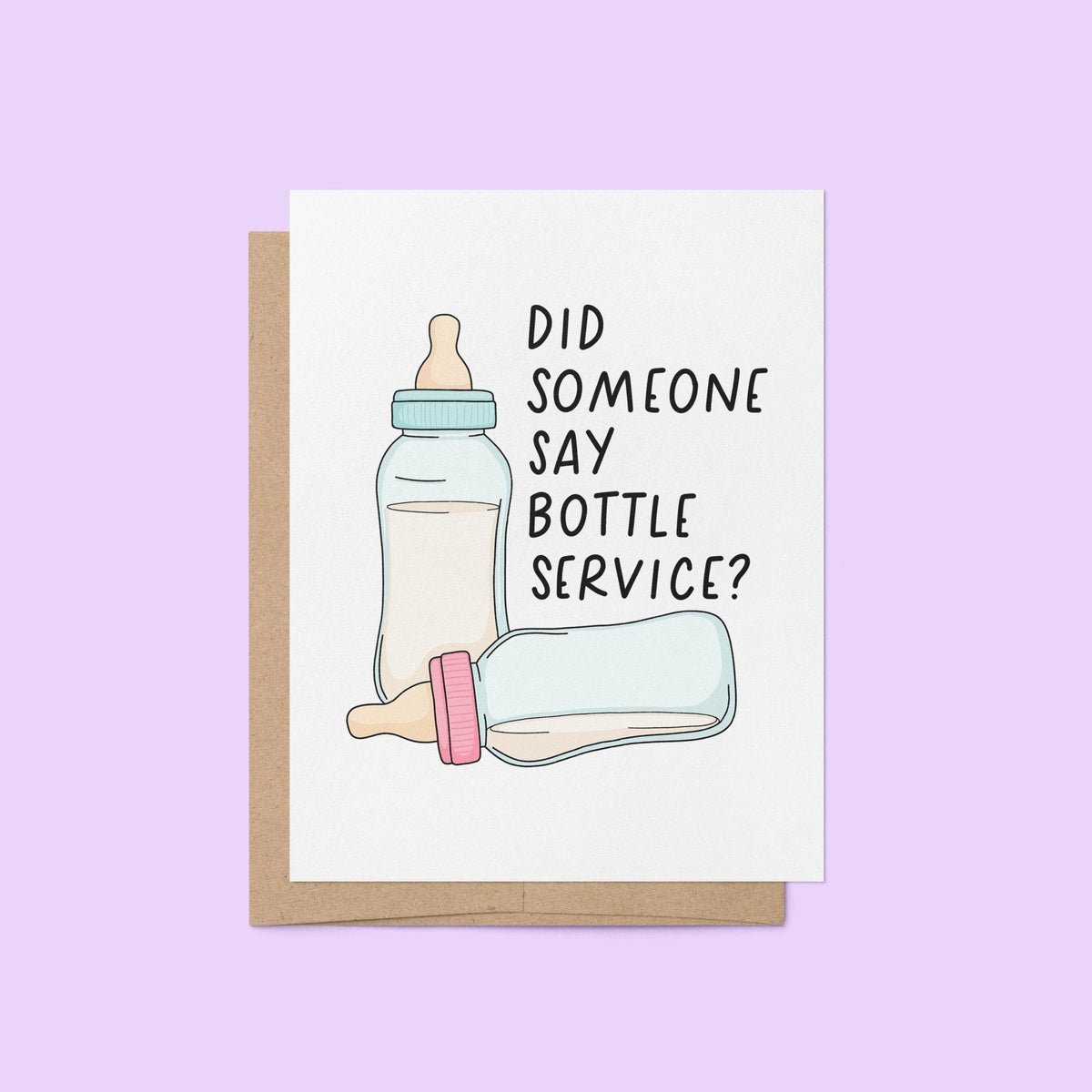 Bottle service new baby card — hand lettered new baby card illustrated with baby bottles, 4.25 x 5.5 in folded A2, by MangoIllustrated