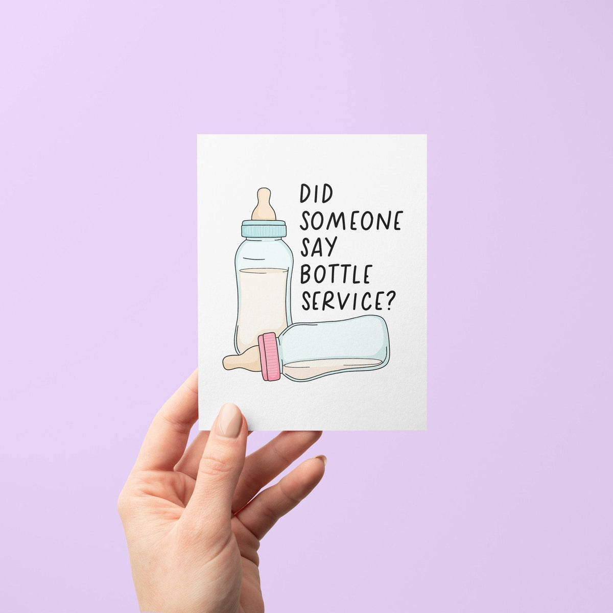 Bottle service new baby card with A2 kraft envelope — illustrated baby bottle design by indie artist MangoIllustrated