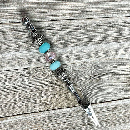 Beaded Bracelet Clasp Helper Closing Tool designed for easy one-handed use, featuring pink and blue beads.
