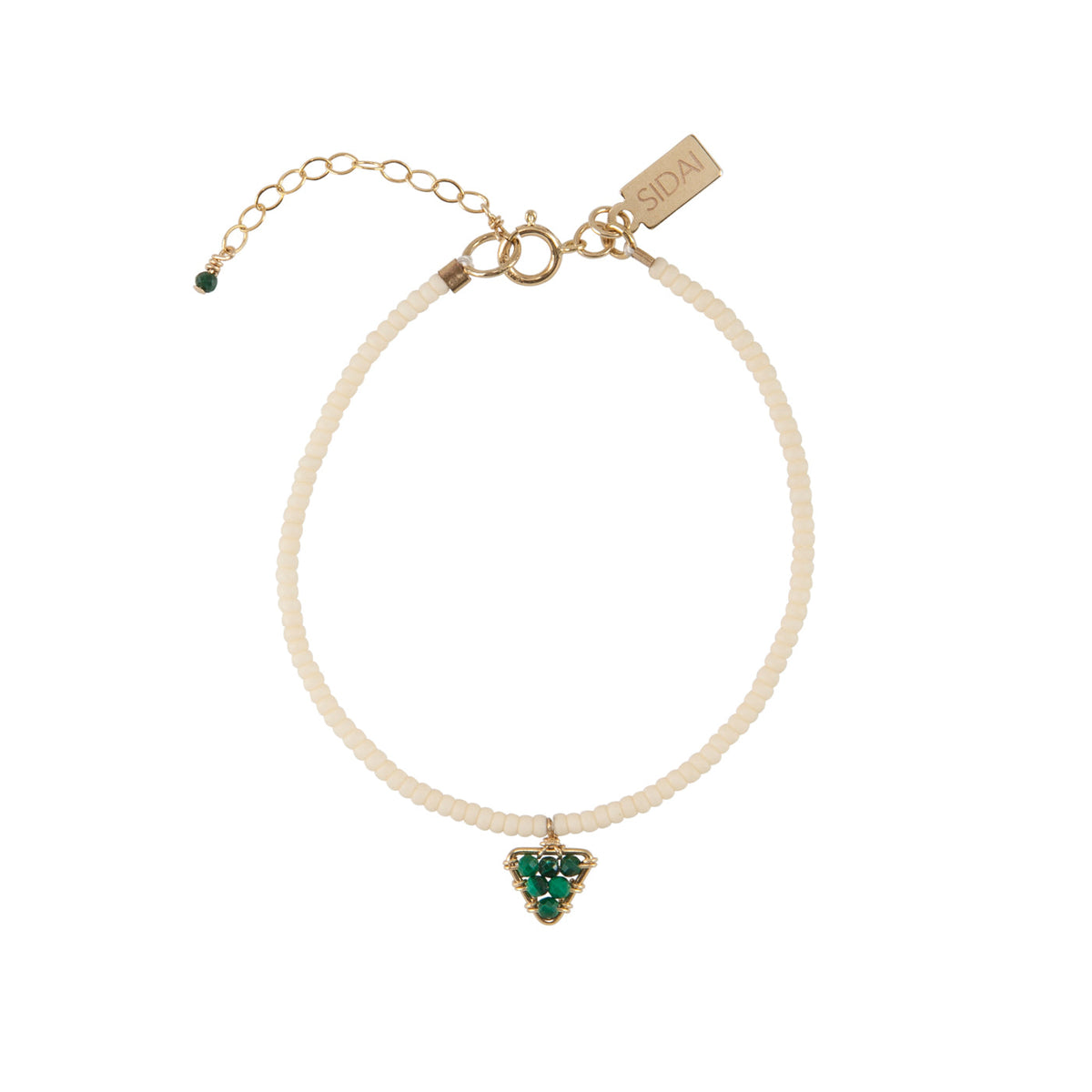 Handmade Maasai beadwork triangle gemstone charm bracelet with malachite by Sidai Designs, sustainable artisan jewelry, Tanzania