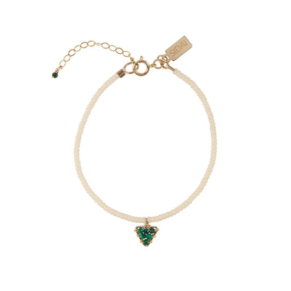 Handmade Maasai beadwork triangle gemstone charm bracelet with malachite by Sidai Designs, sustainable artisan jewelry, Tanzania