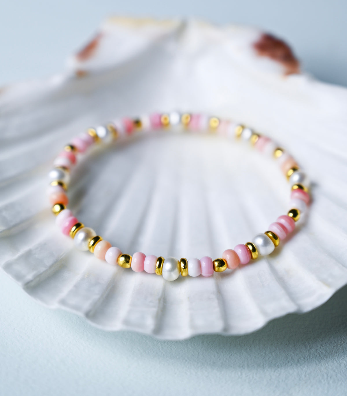 Pink Queen Conch Shell Stretch Bracelet, Freshwater Pearl &amp; Gold Heishi, Adjustable Boho Jewelry