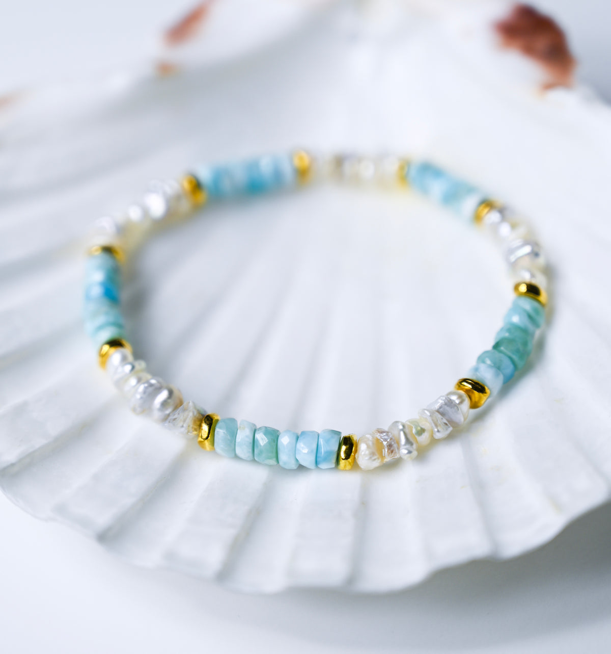 Larimar &amp; Keshi Pearl Nugget Heishi Stretch Bracelet with 18k Gold Accents