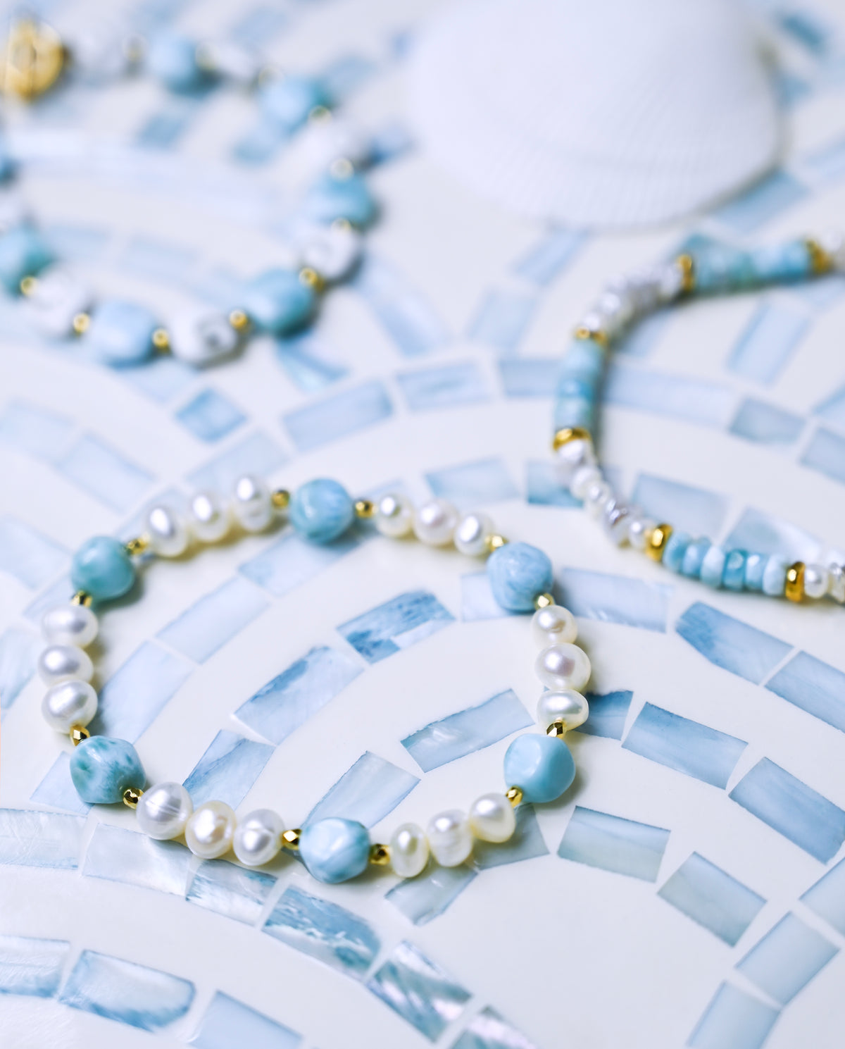 Larimar &amp; Keshi Pearl Nugget Heishi Stretch Bracelet with 18k Gold Accents