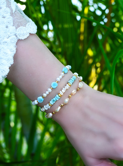 Larimar &amp; Keshi Pearl Nugget Heishi Stretch Bracelet with 18k Gold Accents