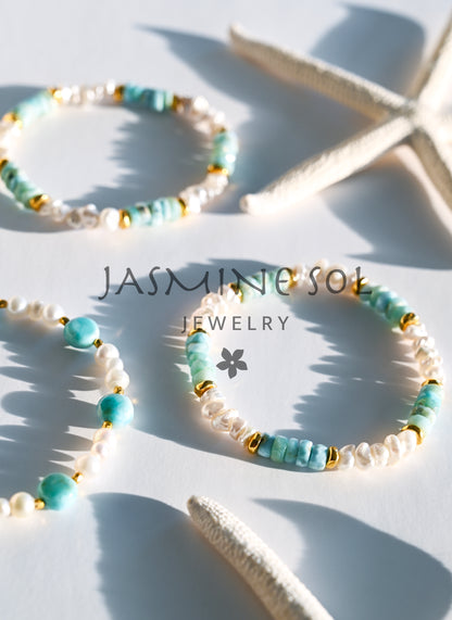 Larimar &amp; Keshi Pearl Nugget Heishi Stretch Bracelet with 18k Gold Accents