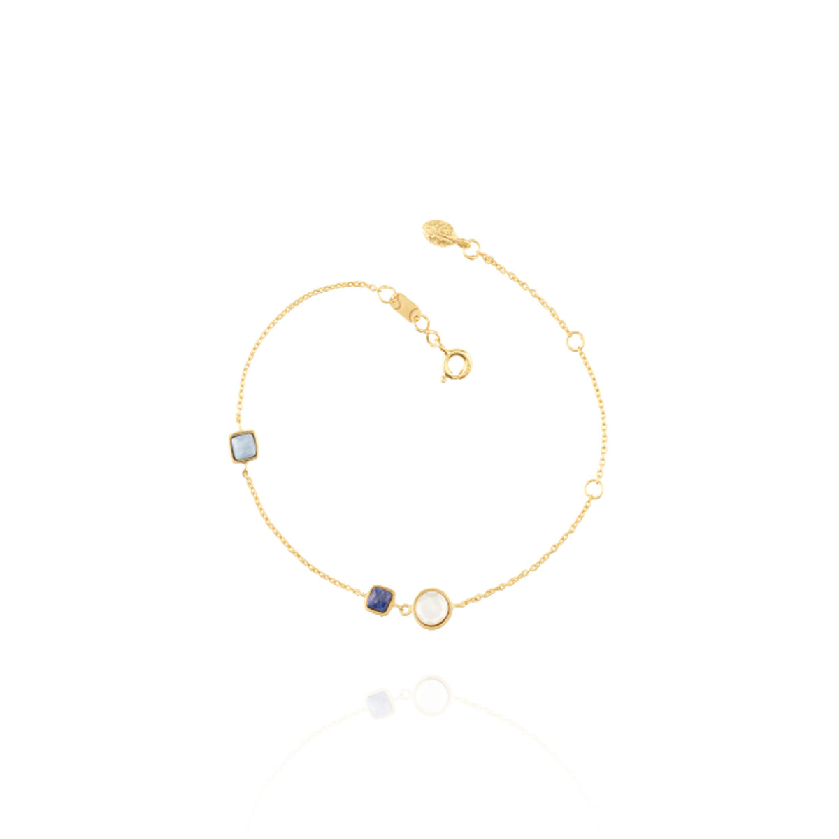 luxury fair trade gold and blue station stones bracelet, adjustable, handmade jewelry online chicago 