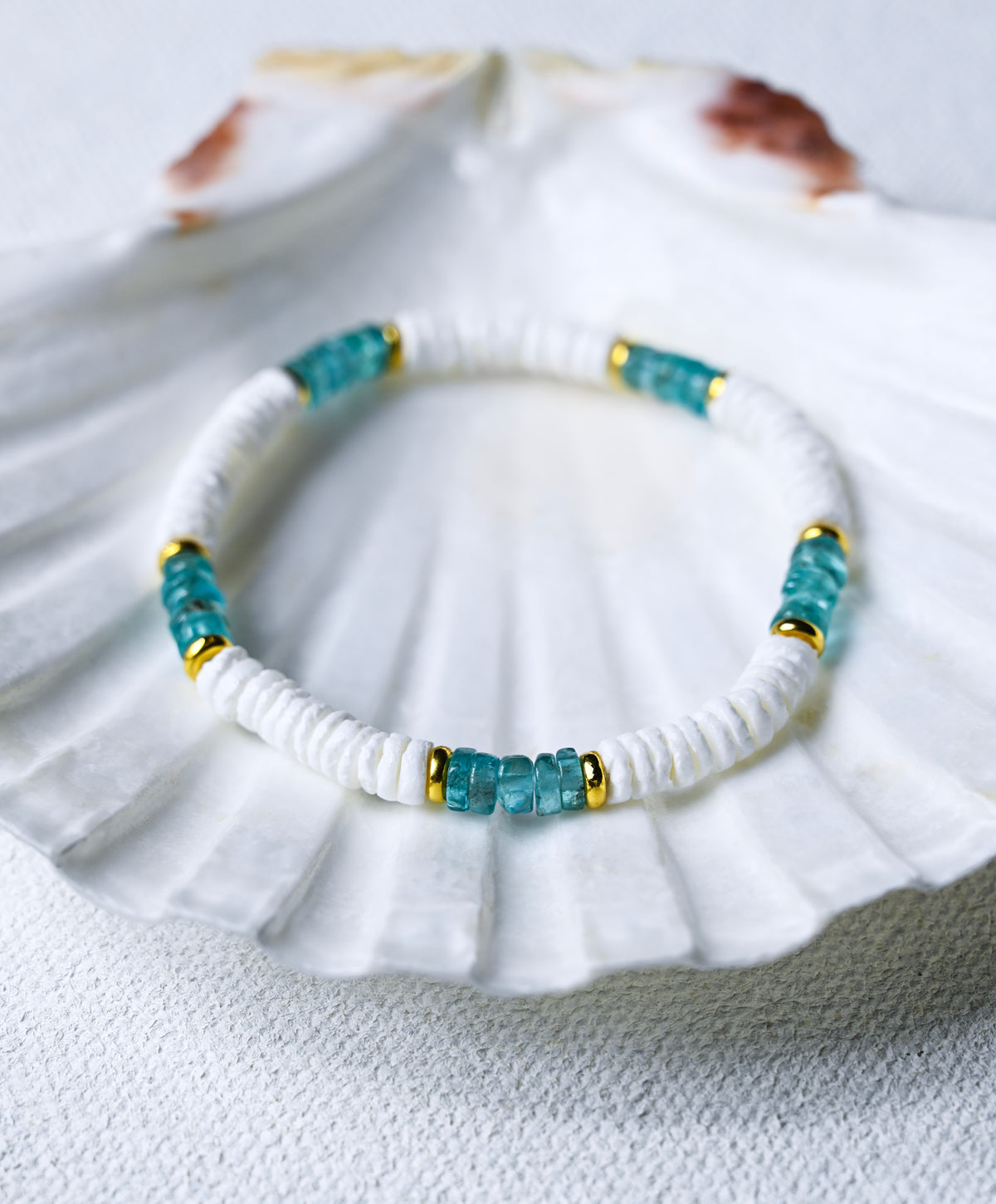 Aqua Apatite &amp; Puka Shell Stretch Bracelet: 24k Gold Accents, Beach Jewelry