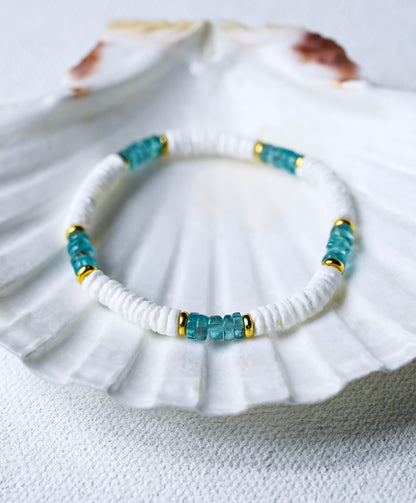Aqua Apatite &amp; Puka Shell Stretch Bracelet: 24k Gold Accents, Beach Jewelry