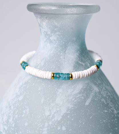 Aqua Apatite &amp; Puka Shell Stretch Bracelet: 24k Gold Accents, Beach Jewelry