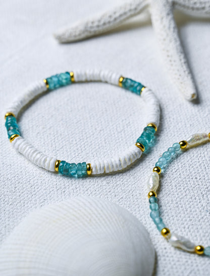 Aqua Apatite &amp; Puka Shell Stretch Bracelet: 24k Gold Accents, Beach Jewelry