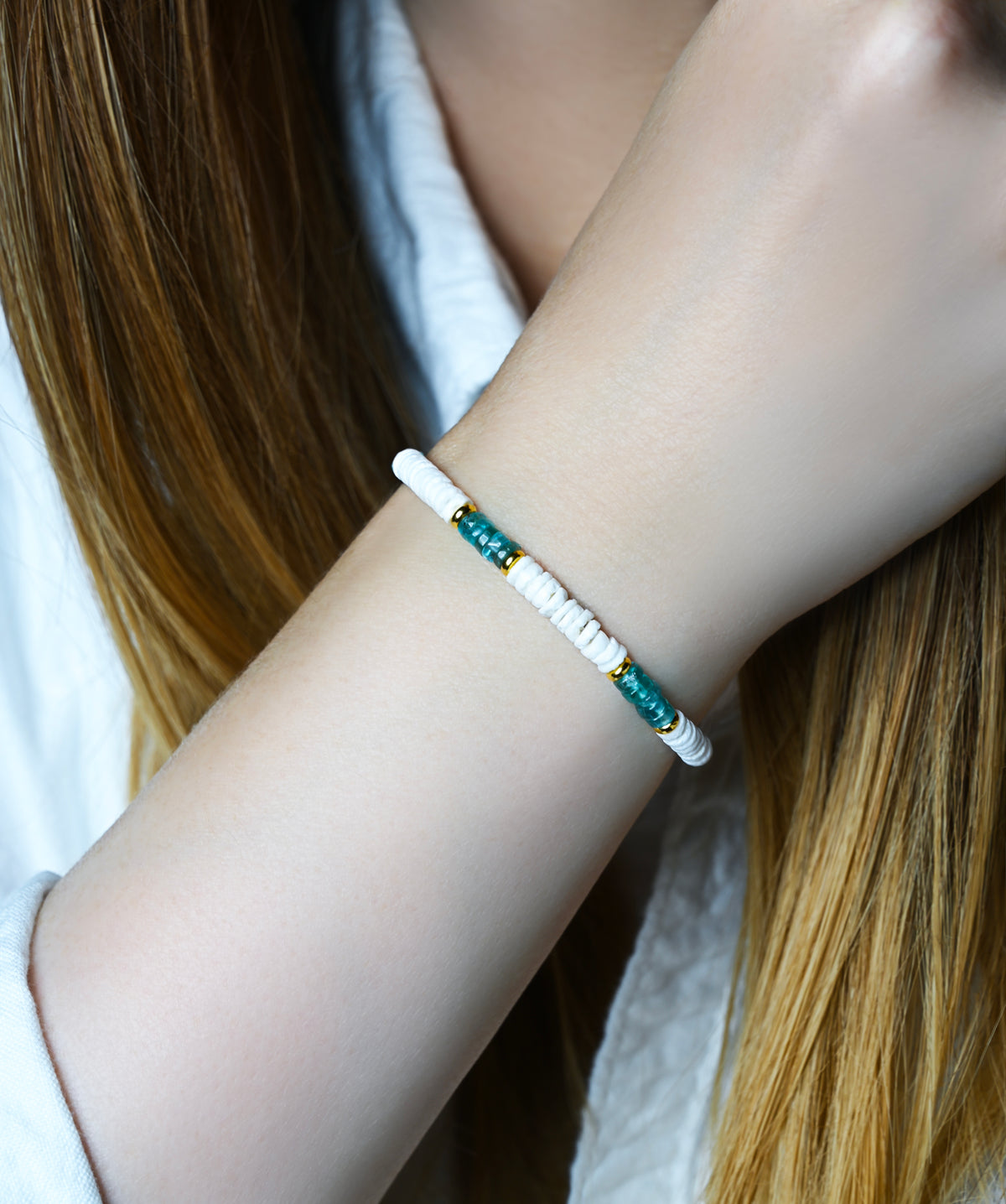 Aqua Apatite &amp; Puka Shell Stretch Bracelet: 24k Gold Accents, Beach Jewelry