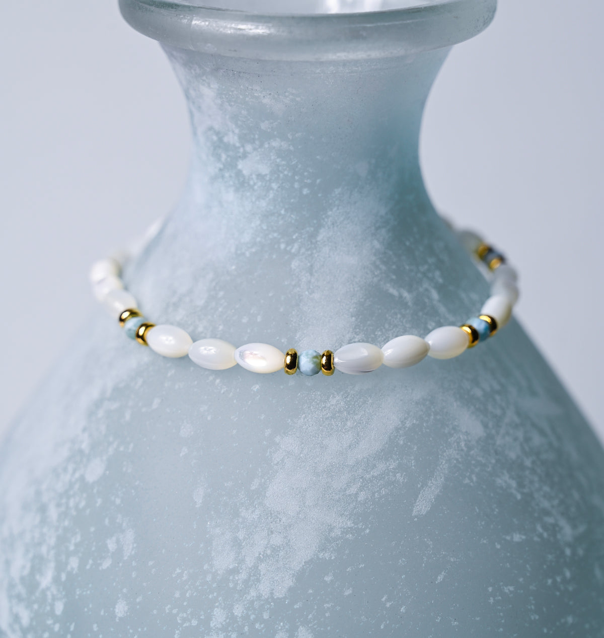 Larimar Beaded Stretch Bracelets: Mother of Pearl Heart, 24k Gold Accents