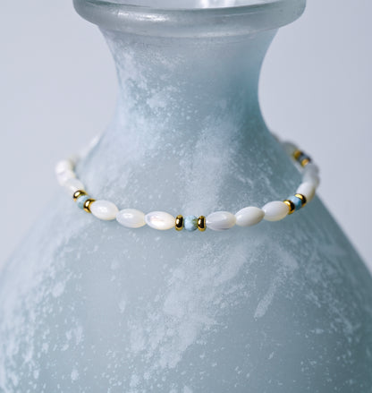Larimar Beaded Stretch Bracelets: Mother of Pearl Heart, 24k Gold Accents