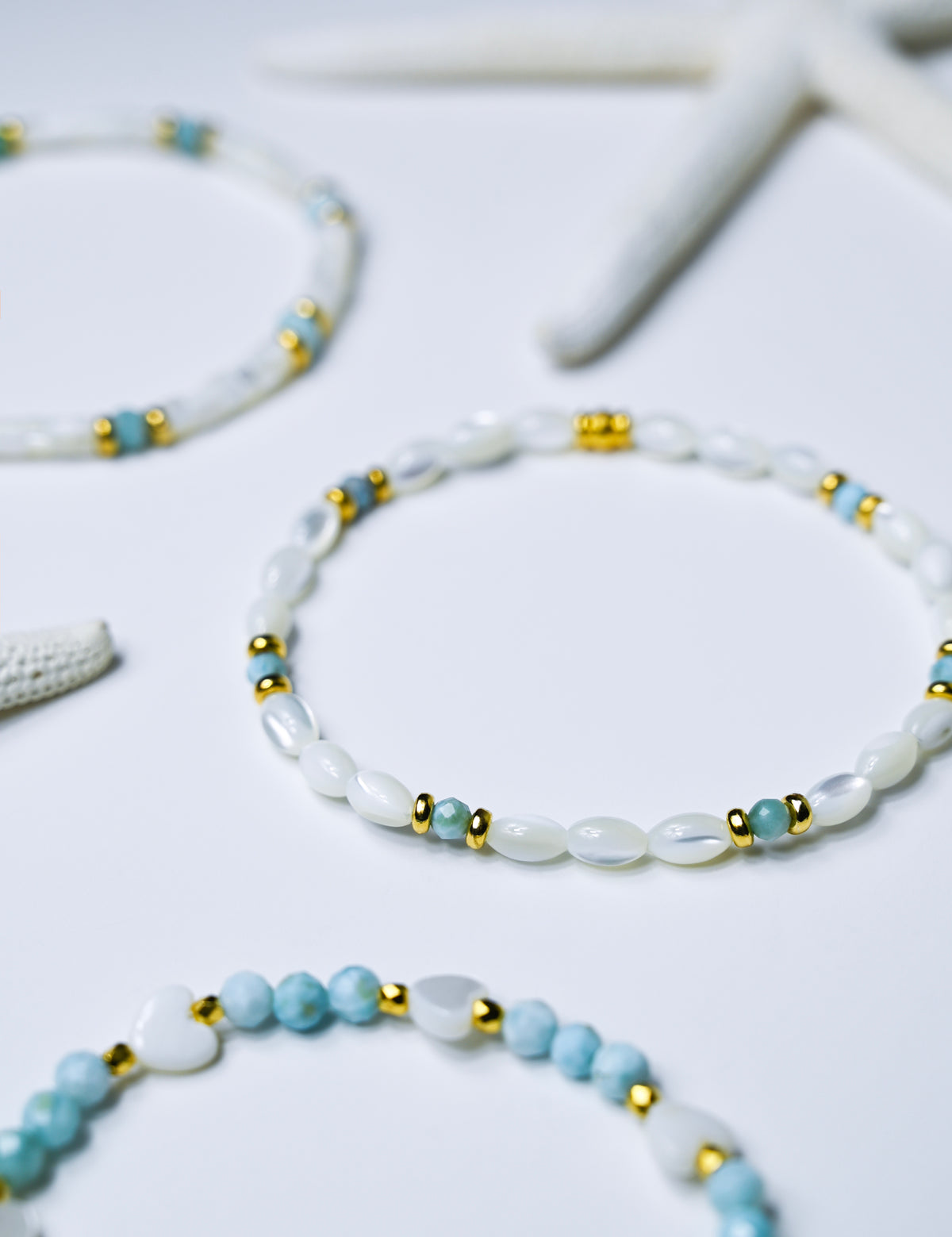 Larimar Beaded Stretch Bracelets: Mother of Pearl Heart, 24k Gold Accents