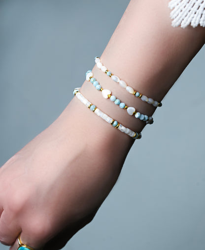 Larimar Beaded Stretch Bracelets: Mother of Pearl Heart, 24k Gold Accents