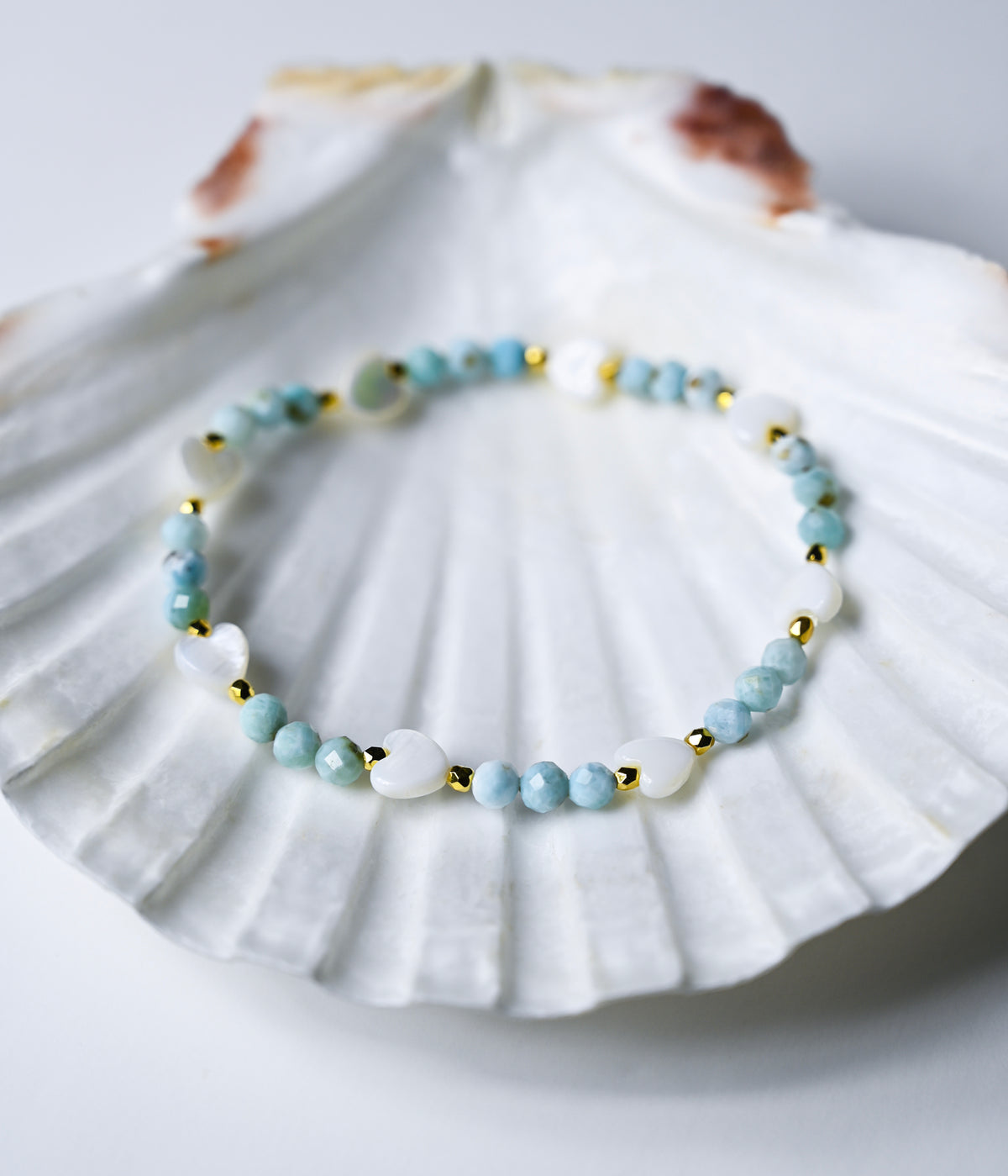 Larimar Beaded Stretch Bracelets: Mother of Pearl Heart, 24k Gold Accents
