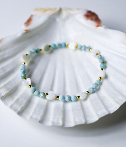 Larimar Beaded Stretch Bracelets: Mother of Pearl Heart, 24k Gold Accents
