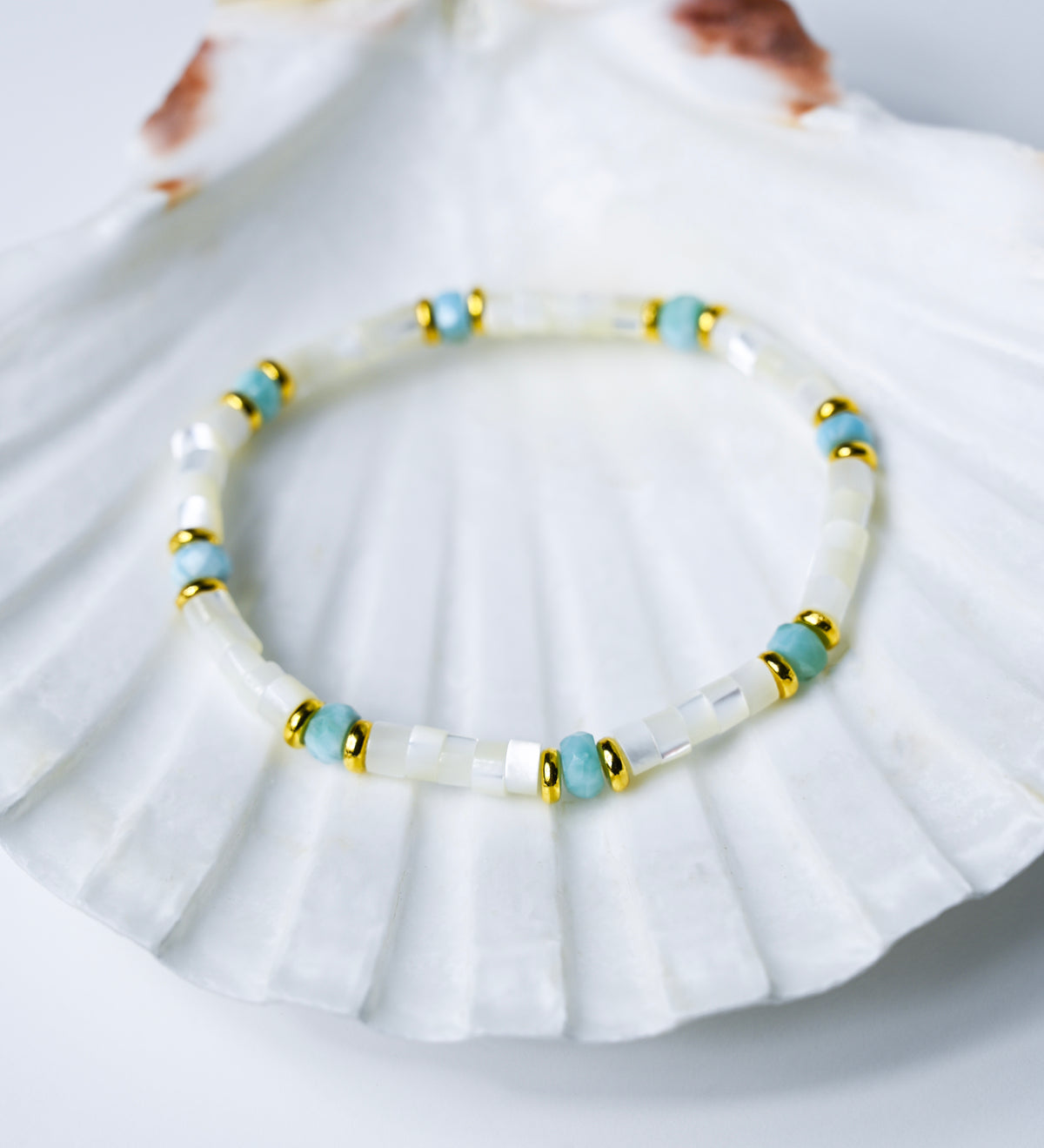 Larimar Beaded Stretch Bracelets: Mother of Pearl Heart, 24k Gold Accents