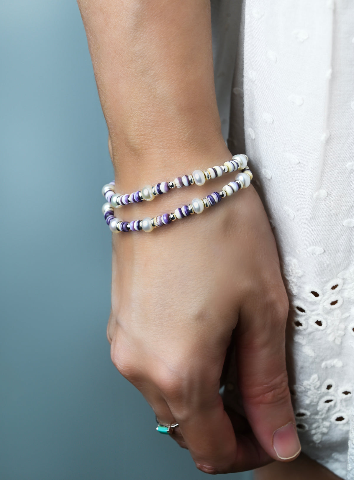 Purple Wampum Heishi Beach Bracelet, Sterling Silver Accents, Adjustable Boho Jewelry