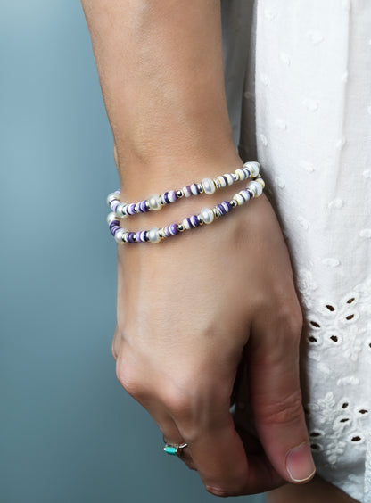 Purple Wampum Heishi Beach Bracelet, Sterling Silver Accents, Adjustable Boho Jewelry