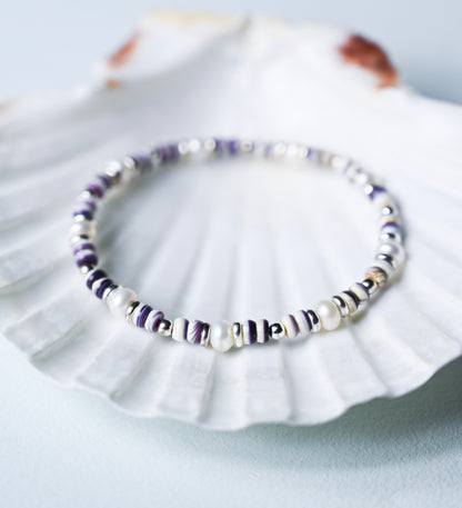 Purple Wampum Heishi Beach Bracelet, Sterling Silver Accents, Adjustable Boho Jewelry