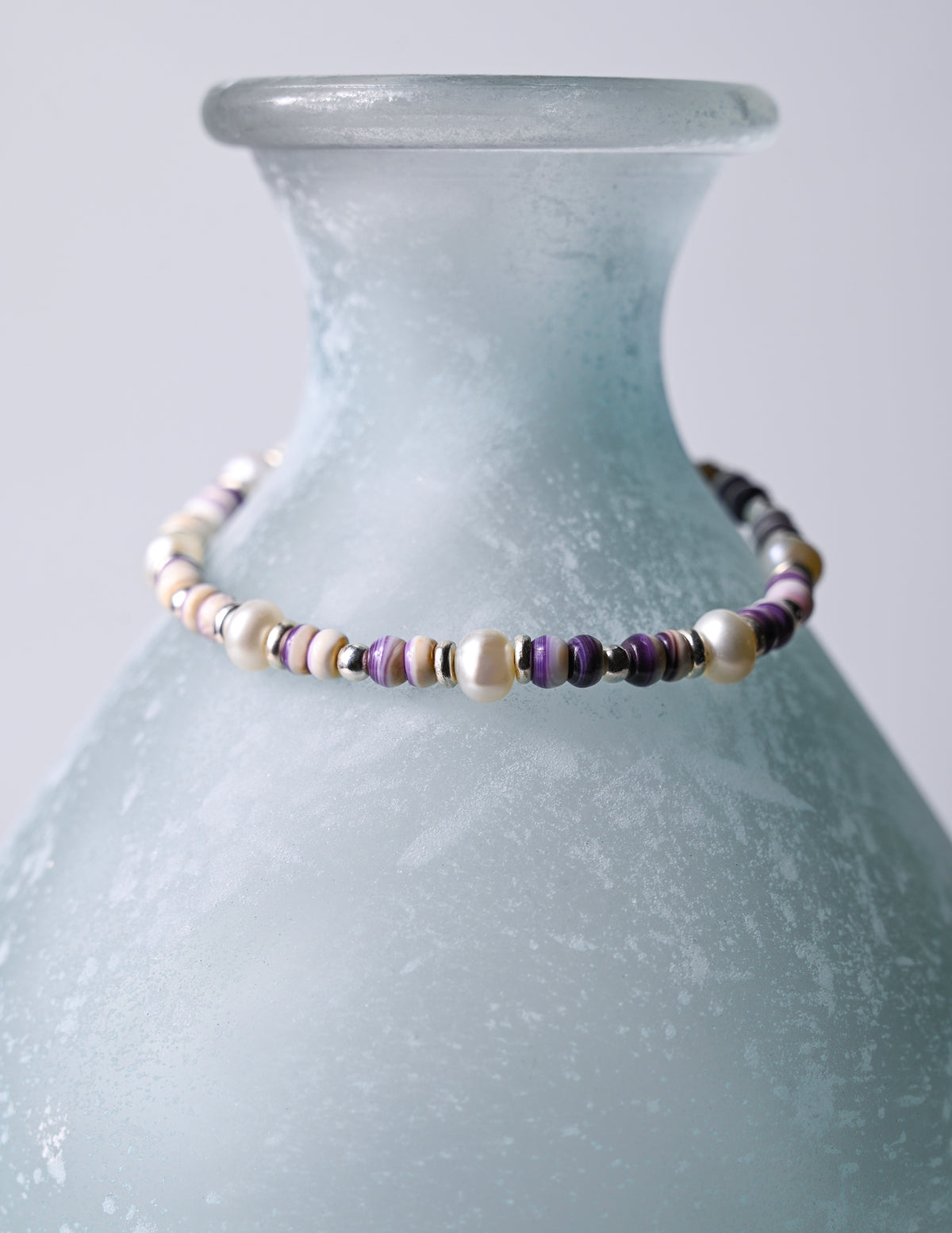 Purple Wampum Heishi Beach Bracelet, Sterling Silver Accents, Adjustable Boho Jewelry