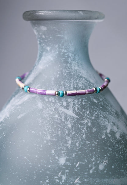 Purple Wampum/Quahog Shell and Turquoise Stretch Bracelet for Women, Handmade Boho Jewelry, Southwestern Jewelry