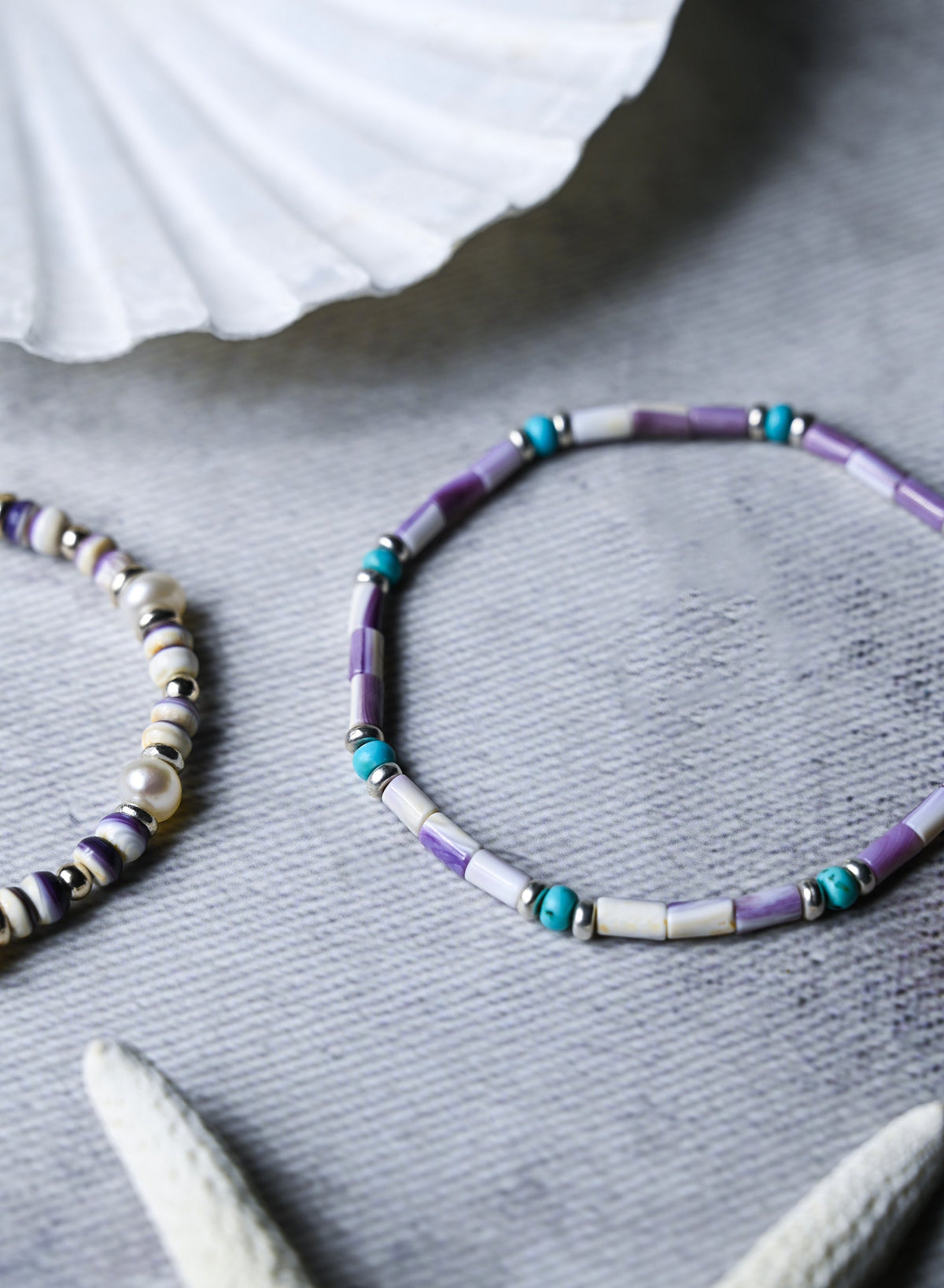 Purple Wampum/Quahog Shell and Turquoise Stretch Bracelet for Women, Handmade Boho Jewelry, Southwestern Jewelry
