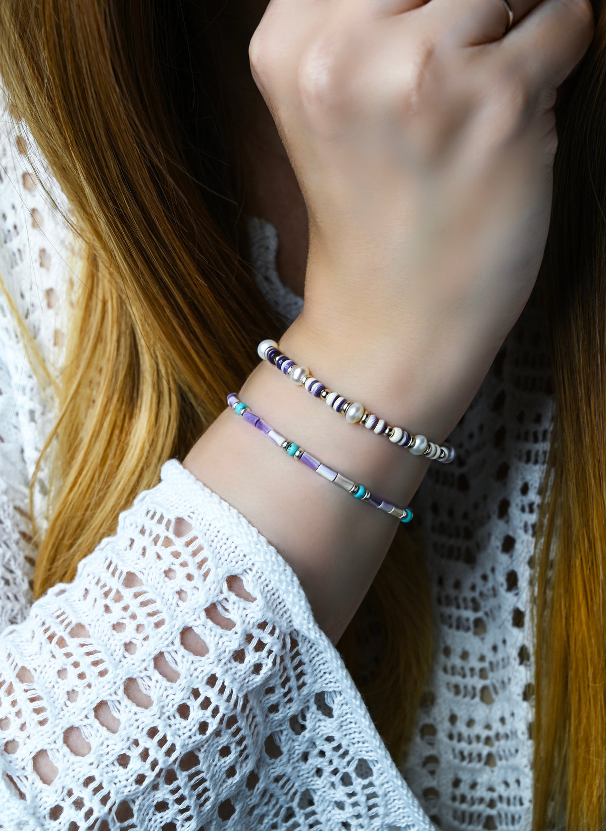 Purple Wampum/Quahog Shell and Turquoise Stretch Bracelet for Women, Handmade Boho Jewelry, Southwestern Jewelry