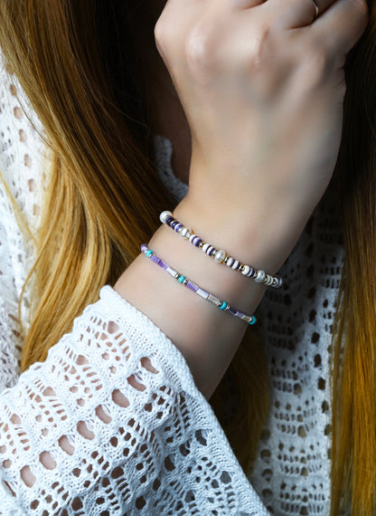 Purple Wampum/Quahog Shell and Turquoise Stretch Bracelet for Women, Handmade Boho Jewelry, Southwestern Jewelry