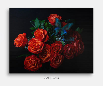 Blue Butterfly on Orange Roses Still Life Mini Metal Print Wall Art
