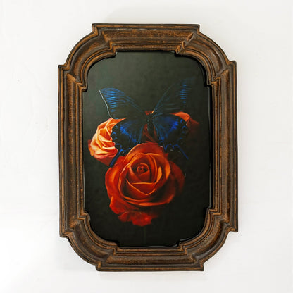 Framed Print Electric Blue Butterfly Perched on Orange Roses 4x6