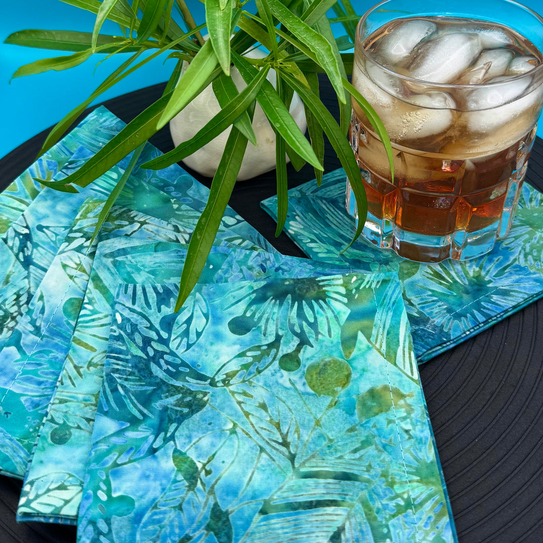 Cocktail Napkins - 100% Cotton - Set of 6  - Batik Blue/Green Leaves