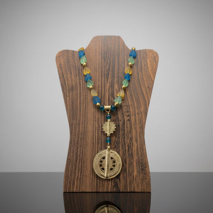 Triangular Blue, Green and Gold Sea Glass Beaded Necklace with Double Brass Disc Pendants