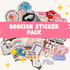 Collection of book-themed stickers with a pink banner labeled &