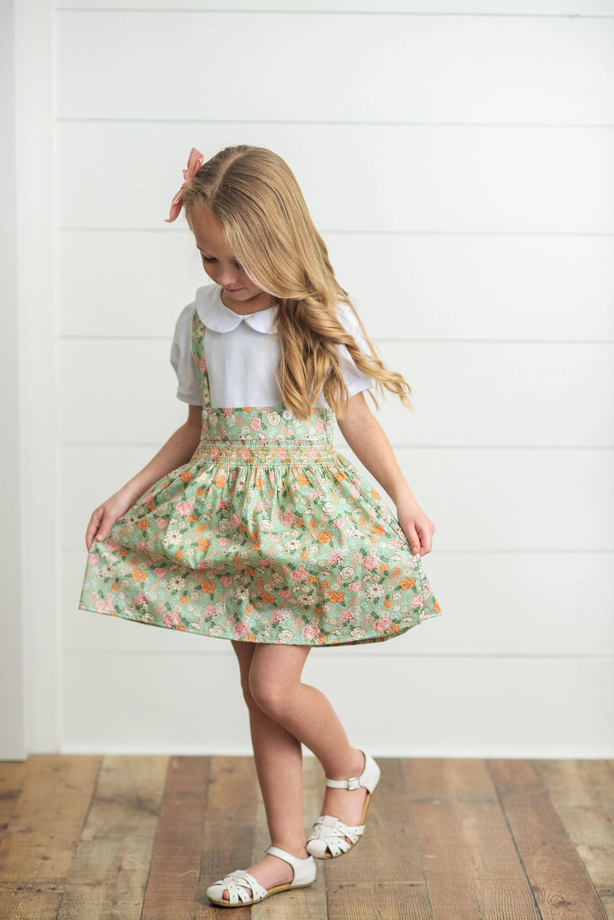 Kids Sage &amp; White Floral Jumper Skirt Easter Collar Set