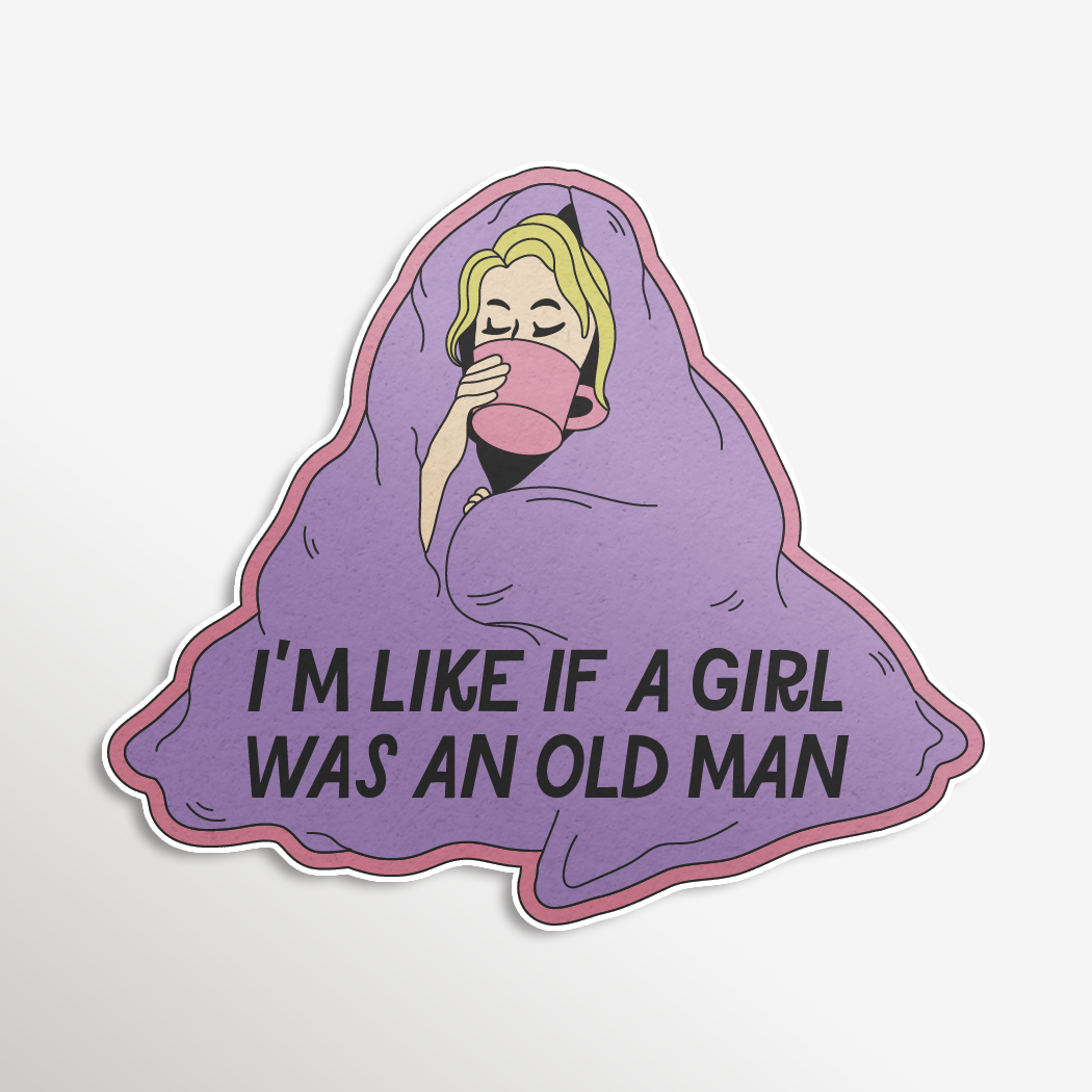 Cartoon character wrapped in a blanket with text &