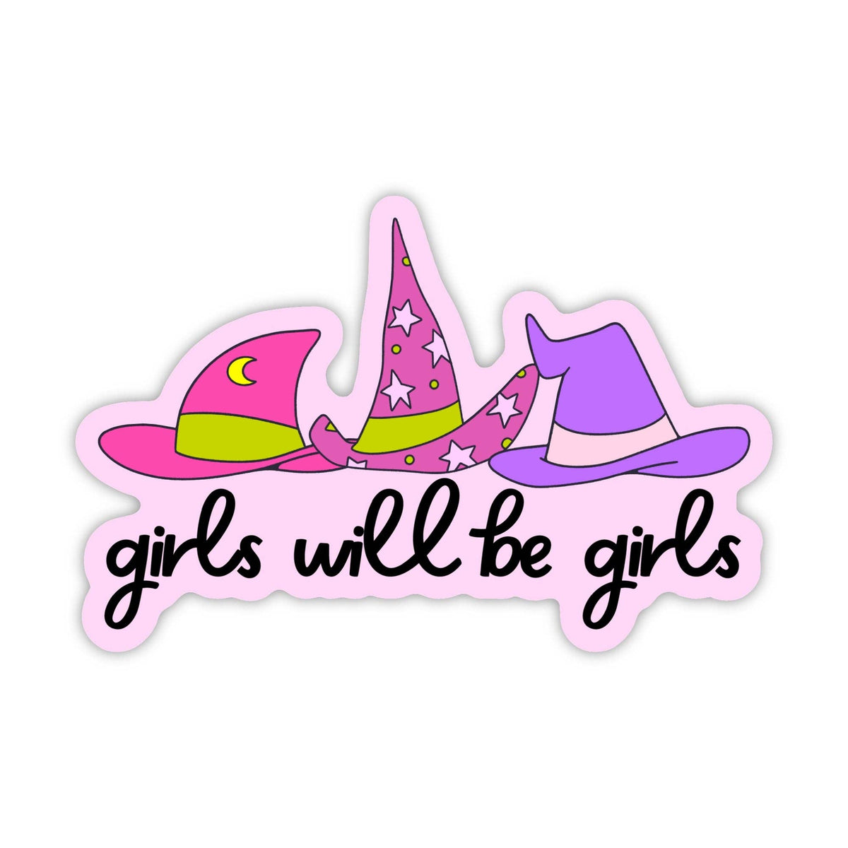 A die-cut sticker featuring three whimsical witch hats in pink, purple, and lime green above the phrase &