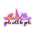 A die-cut sticker featuring three whimsical witch hats in pink, purple, and lime green above the phrase &